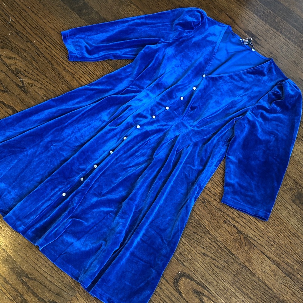 Rowen Avenue Blue Velvet Rhinestone Pleated Stretch Vintage Martha Dress - Picture 3 of 7